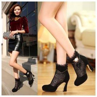 Rhinestone Lace Panel High-heel Short Boots