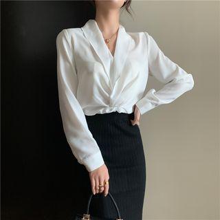 V-neck Long-sleeve Blouse / Plain High-waist Slim-fit Skirt