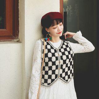 Check Sweater Vest Plaid - Black & White - One Size
