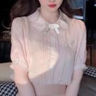 Set: Short-sleeve Lace Trim Bow Detail Shirt + Camisole Top