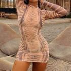 Long-sleeve Mock-neck Tie-dye Mini Bodycon Dress