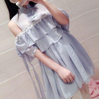 Mesh Panel Open Shoulder Frilled Short-sleeve Dress