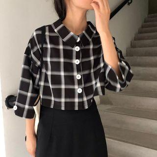 Plaid Cropped Shirt / Midi Straight-fit Skirt