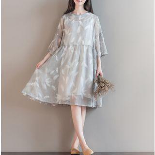 Feather Print 3/4-sleeve A-line Midi Dress