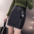 Studded Pompom Faux Leather A-line Skirt