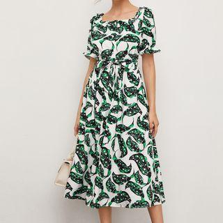 Square Neck Short-sleeve Printed Midi A-line Dress