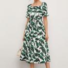 Square Neck Short-sleeve Printed Midi A-line Dress