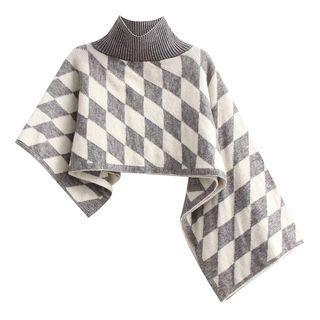 Turtleneck Argyle Asymmetrical Knit Shawl