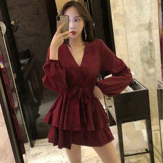Long-sleeve Ruffle Hem Mini A-line Dress / Camisole