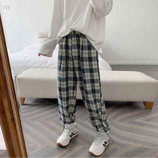 Plaid Band-waist Drawstring-cuff Pants