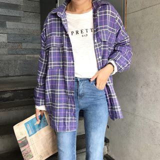 Gingham Long-sleeve Shirt Grayish Purple - One Size