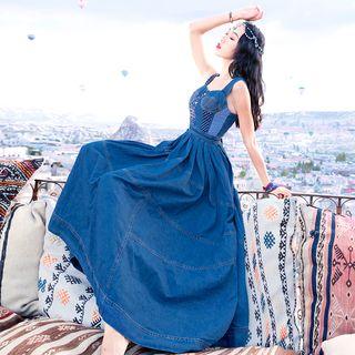 Sleeveless Print Panel Midi A-line Denim Dress