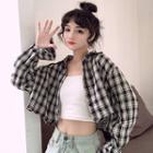 Plaid Long-sleeve Blouse Black + White - One Size