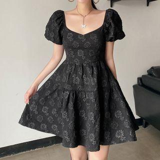 Bell-sleeve Flower Embroidered Mini Dress