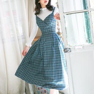 Set: Long-sleeve Knit Top + Plaid Cami Top + Midi A-line Skirt
