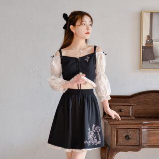 Cold-shoulder Panel Ruffle-trim Lace-up Cropped Top / Embroidered Skirt