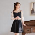 Cold-shoulder Panel Ruffle-trim Lace-up Cropped Top / Embroidered Skirt