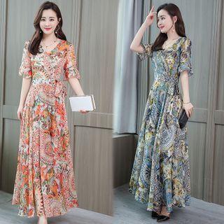 Printed Flared-sleeve Maxi A-line Dress