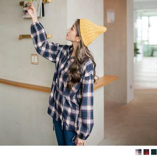 Star Embroidered Plaid Hooded Top