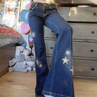Low Rise Star Embroidered Washed Boot-cut Jeans