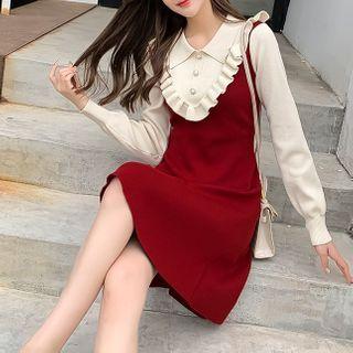 Ruffled Collared Mini A-line Knit Dress