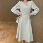 Lace Trim Long-sleeve Midi A-line Velvet Dress