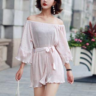 Embellished Off-shoulder Bell-sleeve Playsuit