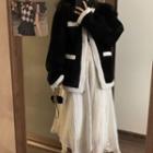 Contrast Loose Fit Furry Jacket / High-waist Plain Sheer Skirt