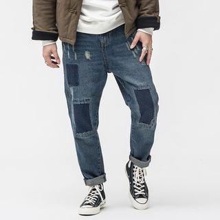 Patched Straight-cut Jeans