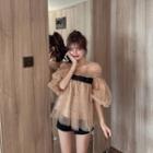Puff-sleeve Chiffon Blouse Blouse - Coffee - One Size