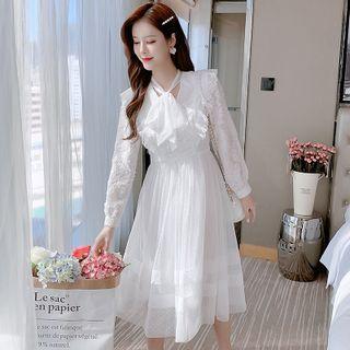 Long-sleeve Bow Neck Ruffled Chiffon Dress