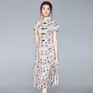Short-sleeve Floral Print Frog-buttoned Lace A-line Midi Cocktail Dress