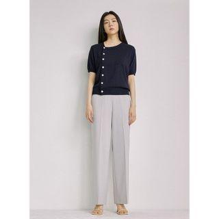 Round-neck Short-sleeve Cardigan Beige - One Size