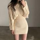 Set: Cable-knit Turtleneck Sweater + Knit Mini Pencil Skirt