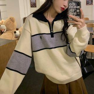 Lapel Zip Color Panel Knit Top