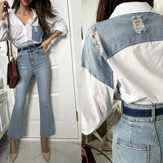 Distressed Denim-panel Shirt White - One Size