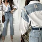 Distressed Denim-panel Shirt White - One Size