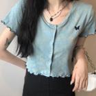 Short-sleeve Butterfly Embroidered Buttoned Crop Top