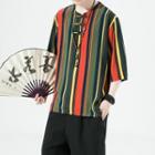 3/4-sleeve Striped Frog Buttoned T-shirt