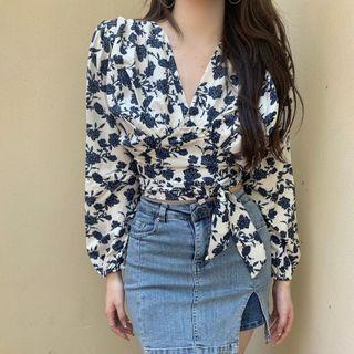 Floral Print Blouse / Mini Fitted Denim Skirt