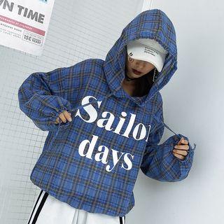 Lettering Hooded Plaid Top