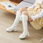 Furry Panel Chunky Heel Lace-up Tall Boots