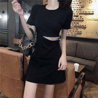 Plain Cutout Waist Short-sleeve Dress