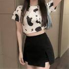Milk Cow Print Short-sleeve Cropped T-shirt As Shown In Figure - One Size