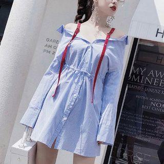 Long-sleeve Cold-shoulder Striped Mini Shirt Dress