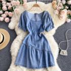 Square-neck Cutout Waist Denim Dress