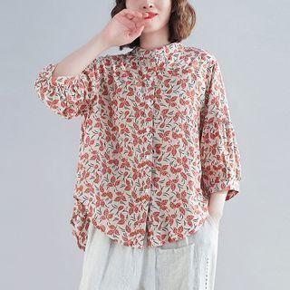 3/4-sleeve Print Band-neck Shirt