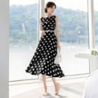 Sleeveless Dotted Long Flare Dress With Belt