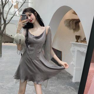 Sheer Light Jacket / Plain Slim-fit Sleeveless Dress