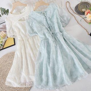 Round-neck Puff-sleeve Cutout Tied Dress